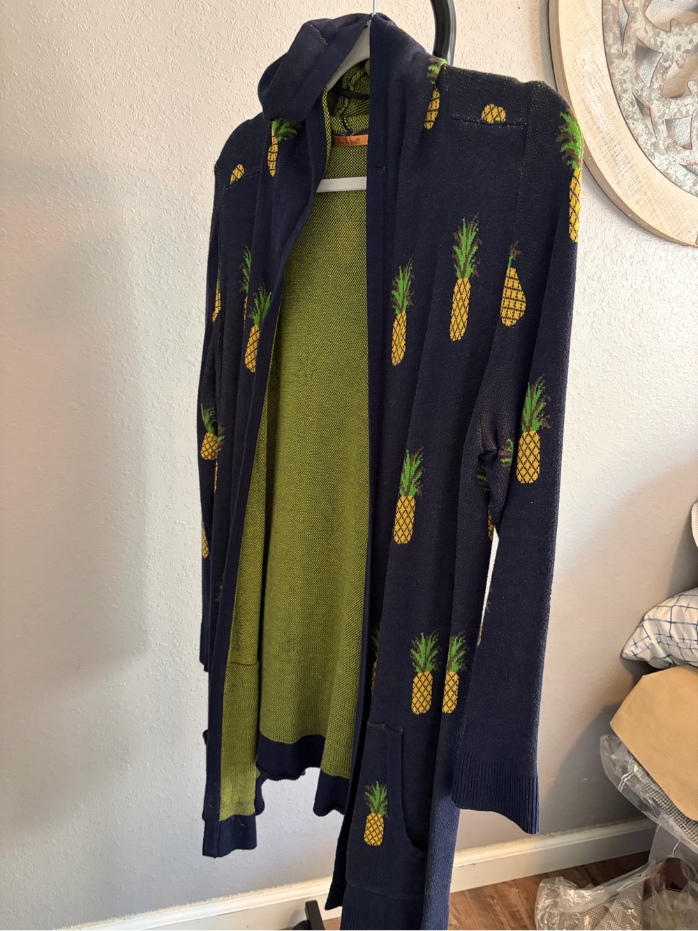 Belldini Navy Pineapple Print Hooded Women's Cardigan Sweater